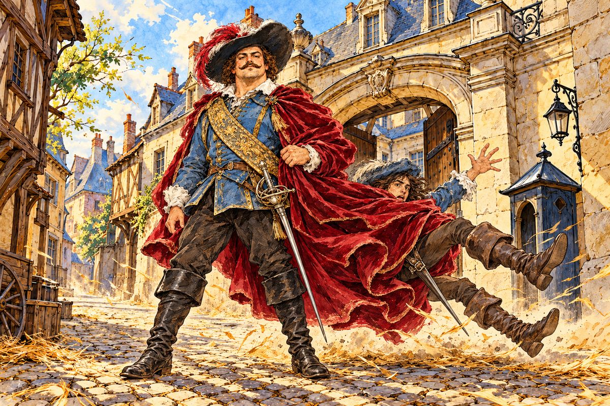 At the street gate Porthos stood chatting with the sentry. D'Artagnan darted between them just as the wind swelled the giant's crimson cloak, and Porthos, clutching it tight, rolled him up in the velvet until his nose came to rest on the famous baldric.