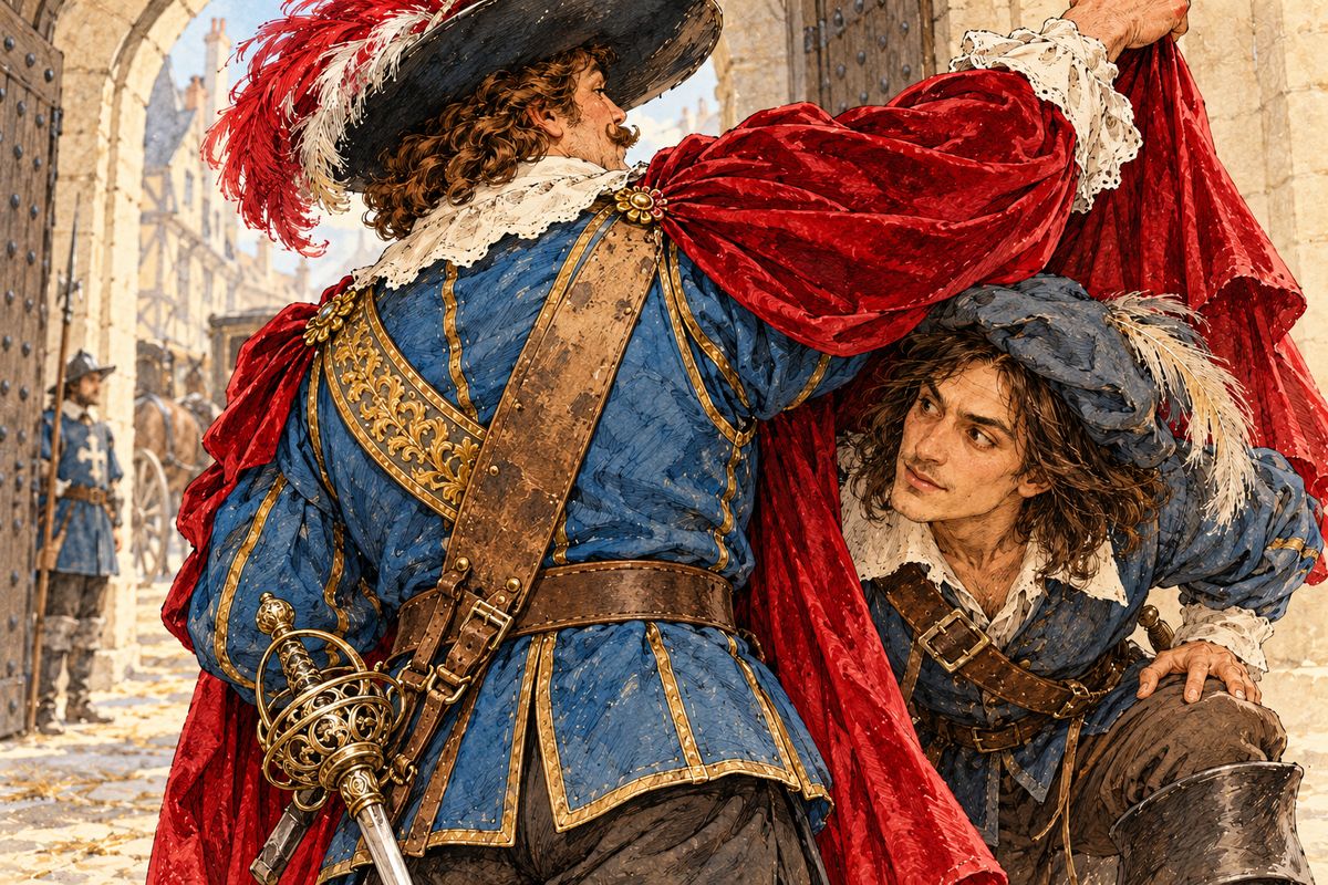 The secret was out: the baldric glittered with gold in front but was plain buff leather behind. When Porthos raged, d'Artagnan could not resist a jab, "I know full well that you don't turn your back to yours," and ran off laughing, with a second duel fixed for one o'clock behind the Luxembourg.