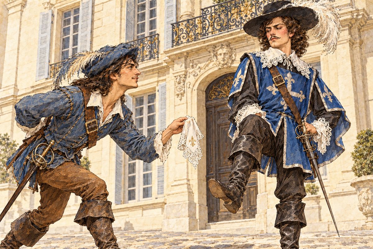 Outside the Hôtel d'Arguillon he found Aramis among three Guardsmen. Seeking a graceful way out of his intrusion, d'Artagnan drew an embroidered, crested handkerchief from under Aramis's foot and offered it to him. Aramis blushed scarlet and denied it was his, and the Guardsmen's teasing ended in a judgment of Solomon: each would take half.