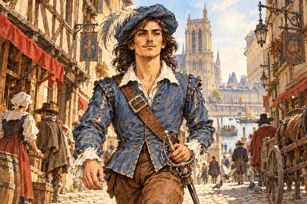 When the Guardsmen had gone, d'Artagnan tried to apologise, but Aramis coldly accused him of compromising a lady, and tempers flared. They fixed a third duel for two o'clock. Hurrying toward the Carmes-Deschaux, d'Artagnan sighed, "Decidedly I can't draw back; but at least, if I am killed, I shall be killed by a Musketeer."