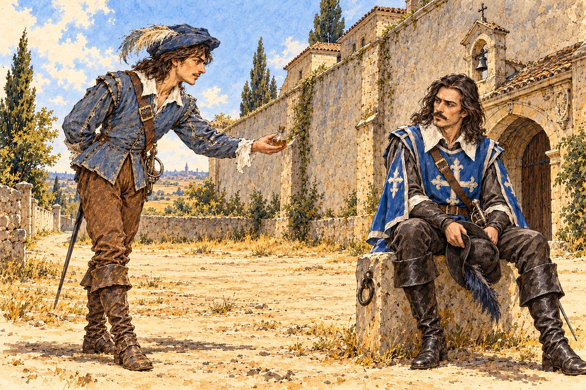 Knowing no one in Paris, d'Artagnan came to the Carmes-Deschaux alone just as noon struck. Athos sat waiting on a post, pale from his wound, and said he would fight left-handed. D'Artagnan shyly offered him his mother's balsam: in three days he would be healed, and they could fight then.
