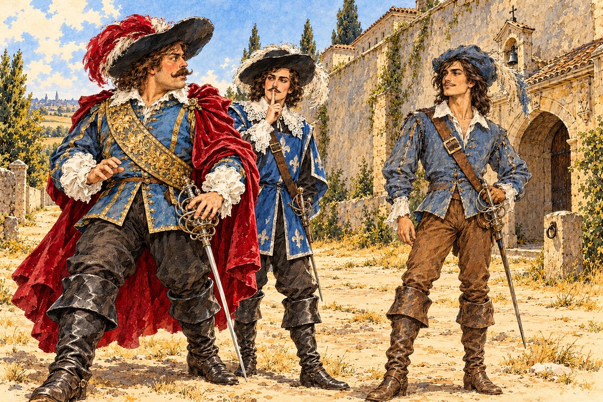 Athos's seconds arrived: the giant Porthos and the elegant Aramis, both of whom had duels with the Gascon that same afternoon. Asked about their quarrels, Porthos reddened over 'dress', and Aramis called his 'theological'. D'Artagnan only smiled and kept their secrets.