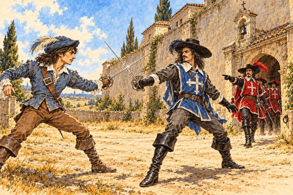 With a gallant air d'Artagnan drew, and he and Athos crossed swords. Scarcely had the blades touched when a company of the Cardinal's Guards rounded the convent corner, led by M. de Jussac. 'Fighting here, Musketeers? And the edicts?'