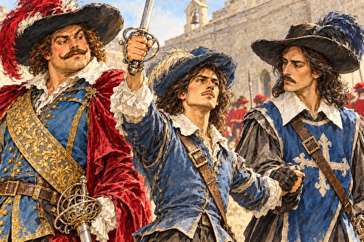Three Musketeers, one of them wounded, faced five Guards, and Jussac told the boy he was free to leave. D'Artagnan did not hesitate to choose the king over the Cardinal. 'You said you were but three, but it appears to me we are four.'