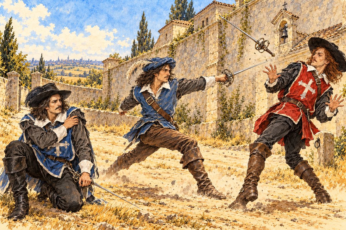 The nine closed with fury. Fighting like a tiger, d'Artagnan wore down the skilled Jussac and ran him through. Then he caught Athos's silent look as Athos sank to one knee, sprang at Cahusac and sent his sword flying twenty paces.