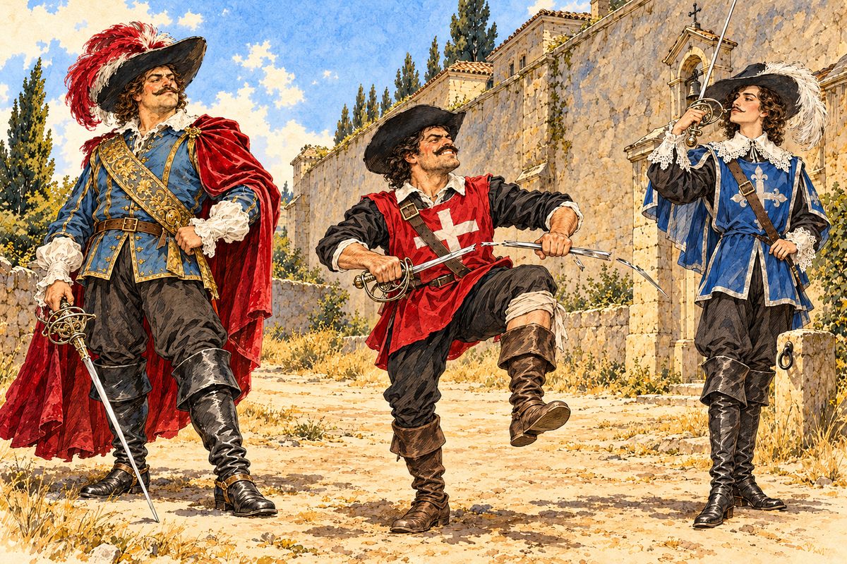 Athos finished Cahusac himself, and Aramis made his last man beg for mercy. Only Bicarat, a Gascon who would not fall, still held out against Porthos. Ordered by Jussac to yield, he broke his own sword across his knee rather than surrender it, and the Musketeers saluted him.