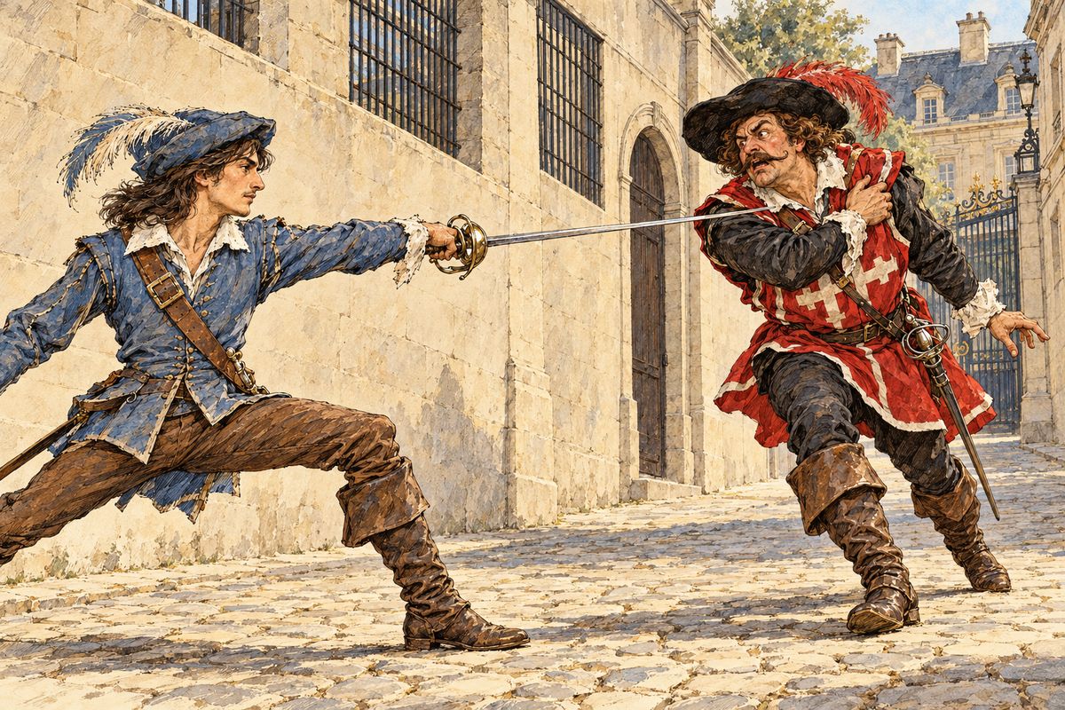 Next morning, at a tennis court, d'Artagnan ducked one of Porthos's balls, and the Guardsman Bernajoux sneered at the "Musketeer apprentice." They stepped out into the empty street. Bernajoux, wounded in the shoulder, called it nothing, rushed blindly forward and ran himself onto d'Artagnan's sword.