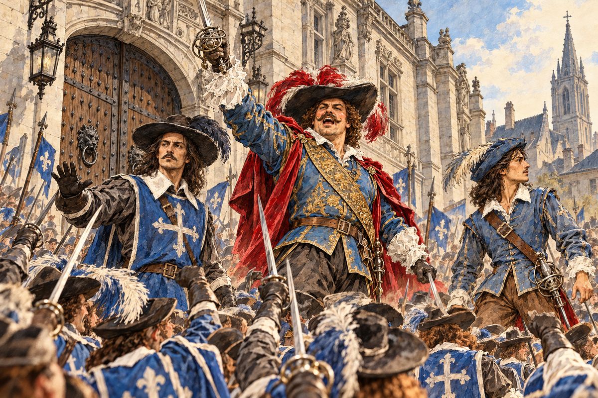 Guardsmen rushed to Bernajoux's aid, La Trémouille's servants poured from the hôtel, and the cry "To the rescue, Musketeers!" brought half the quarter running. The Cardinal's men fled inside and barred the gates. The victors were ready to set the house on fire when eleven o'clock struck. Remembering their audience with the king, the friends hurried away, leaving only a few paving stones thrown.