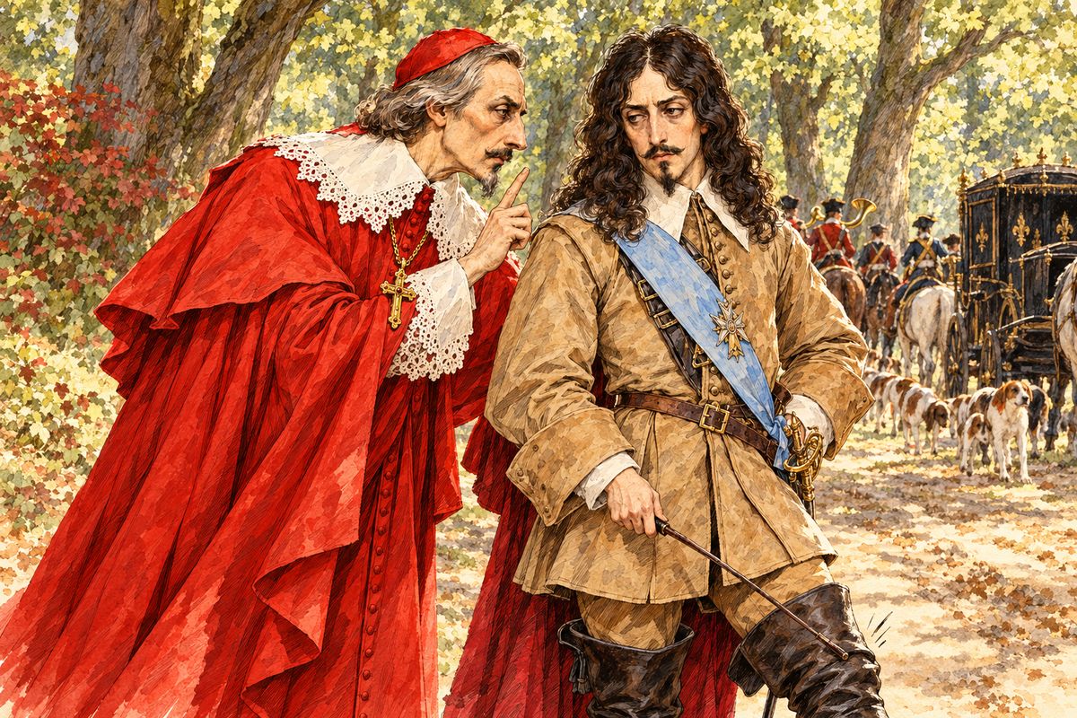 But the Cardinal had reached the king first, at the stag hunt in St. Germain. That night Louis accused the Musketeers of murder and of trying to burn Paris. Tréville had already been to Bernajoux's bedside, where the dying man admitted the fault was his own side's. He asked the king to question La Trémouille himself, and the duke cleared them.