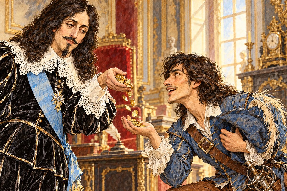 Next morning the king met the four with mock scolding: "Seven of his Eminence's Guards in two days! That's too many!" He pressed forty pistoles into d'Artagnan's hand and told Tréville to place him in Dessessart's Guards, already enjoying the face the Cardinal would make. For a week the furious Cardinal stayed away from the king's gaming table.