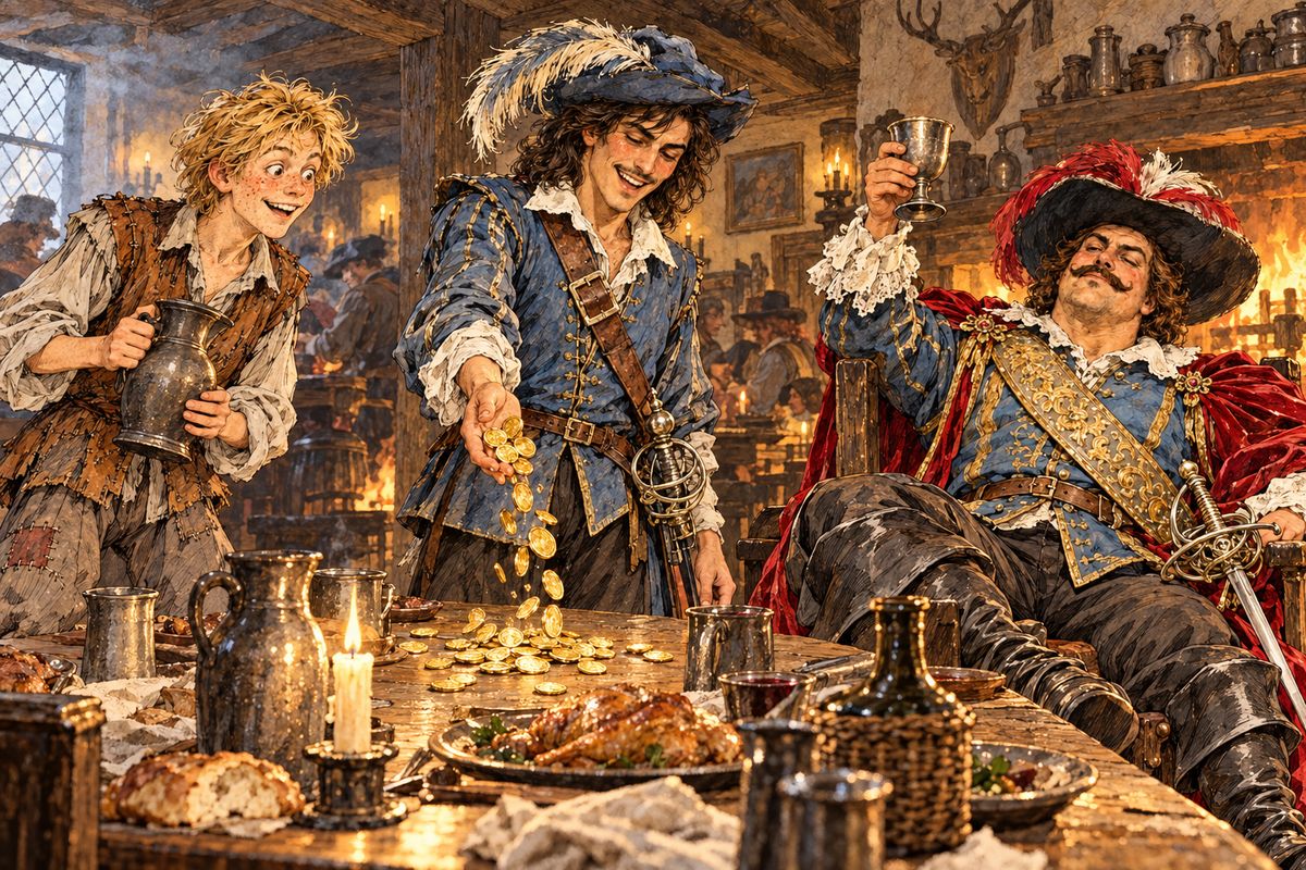 D'Artagnan spent his share of the King's pistoles as his friends advised: a feast at the Pomme-de-Pin, ordered by Athos, and a lackey, supplied by Porthos. Planchet, a Picard whom Porthos had found on the Tournelle bridge spitting rings into the river, watched his new master pay in gold and thanked heaven for such a Croesus.