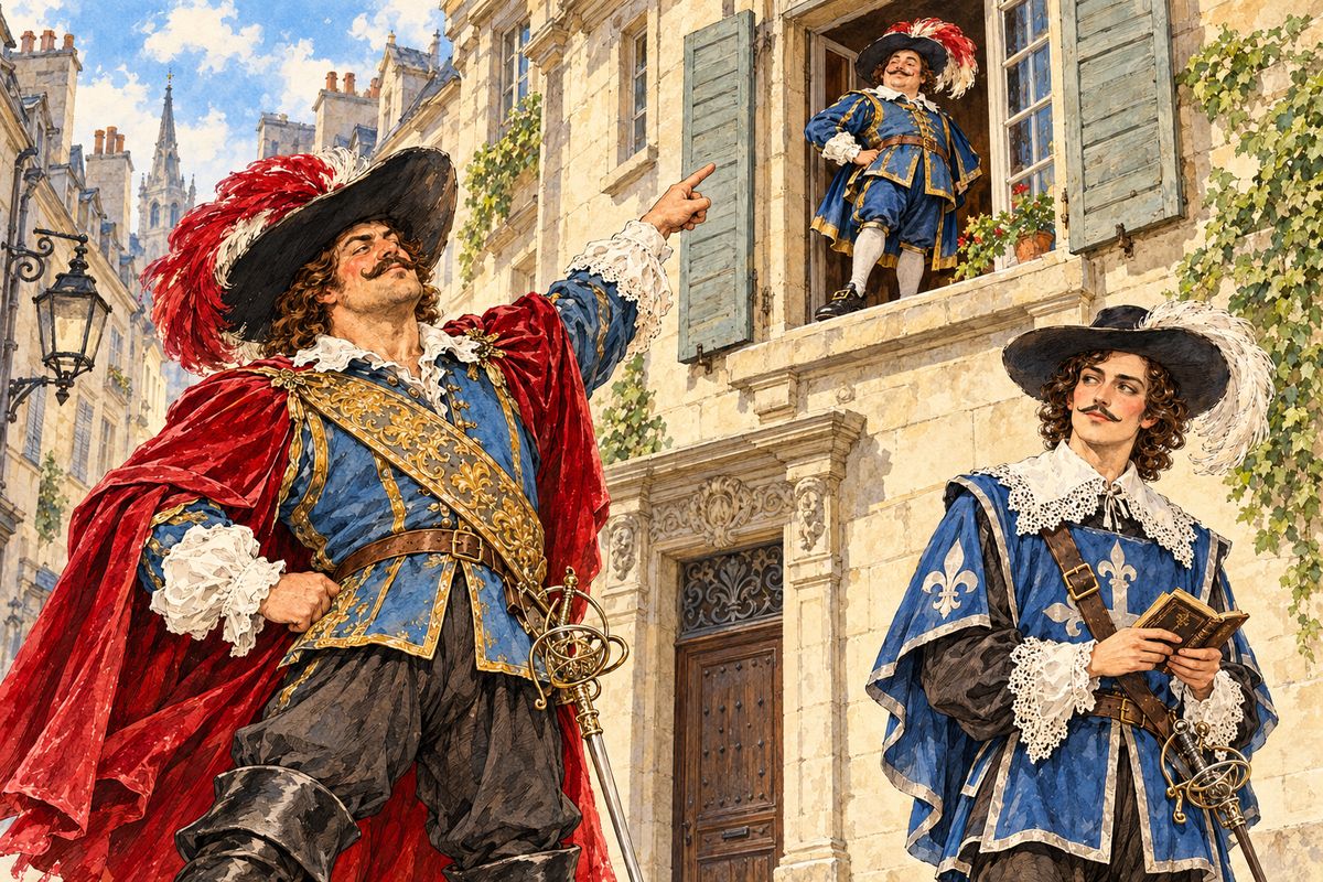 Porthos was the opposite of Athos: loud and boastful, forever pointing up at the grand windows where Mousqueton posed in his master's made-over cast-offs. "That is my abode!" Yet nobody was ever invited up. Aramis, who swore he would soon take holy orders, only smiled; his sleek lackey Bazin dressed in black and read pious books.