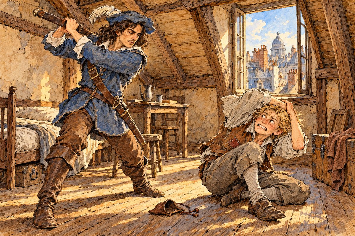 A month later the King's pistoles were nearly spent, and Planchet began to grumble. D'Artagnan thrashed him soundly, then forbade him to leave: "Your fortune is made if you stay with me." Planchet complained no more. Then Porthos gambled away their last pistoles, and the four friends and their lackeys went from house to house in search of borrowed dinners.
