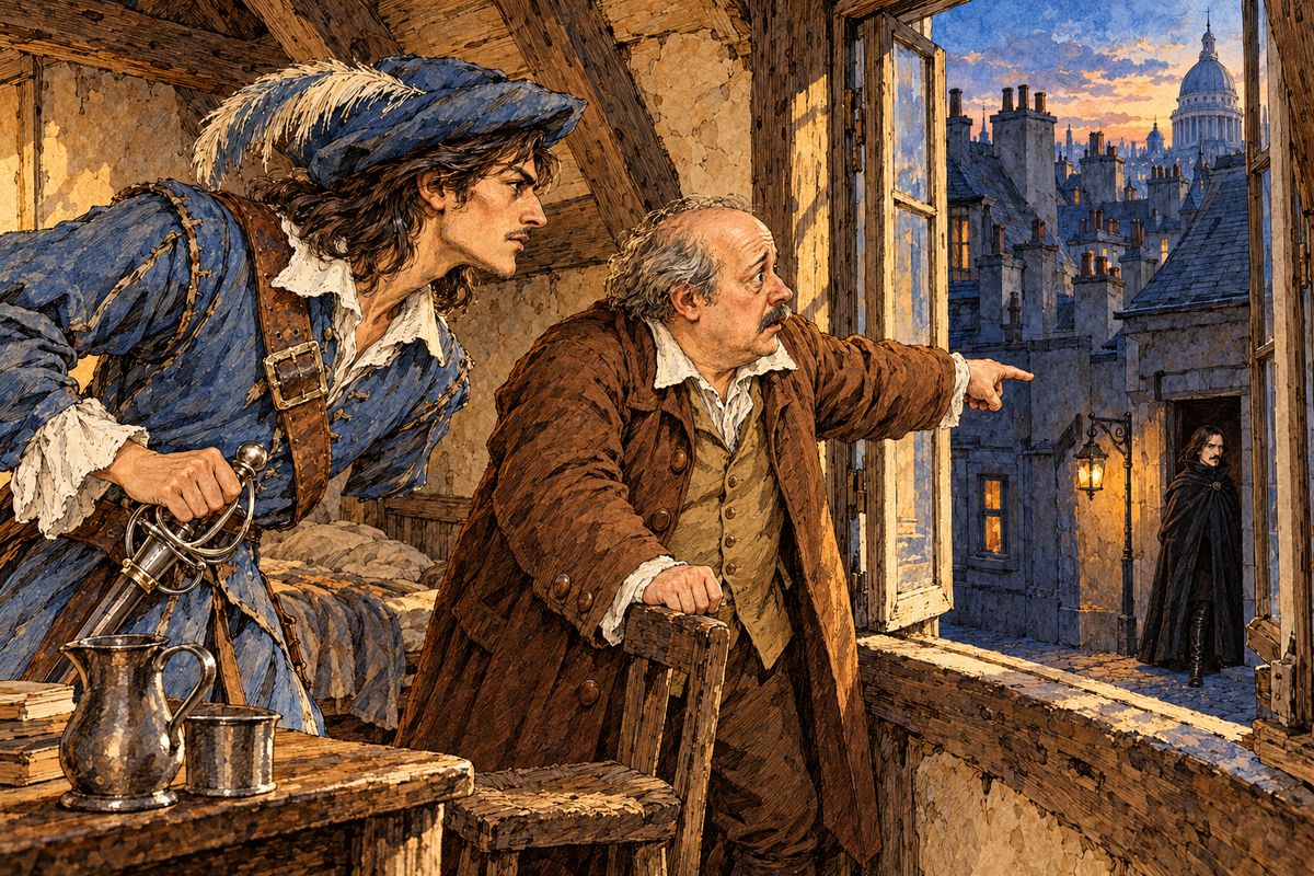 One hungry afternoon his landlord Bonacieux arrived. His wife Constance, the queen's linen-maid, had been kidnapped by a scarred nobleman, perhaps as part of a plot to lure Buckingham to Paris with a forged letter in the queen's name. D'Artagnan knew the face at once. Then Bonacieux pointed at a cloaked man in a doorway across the street. "It is he!"