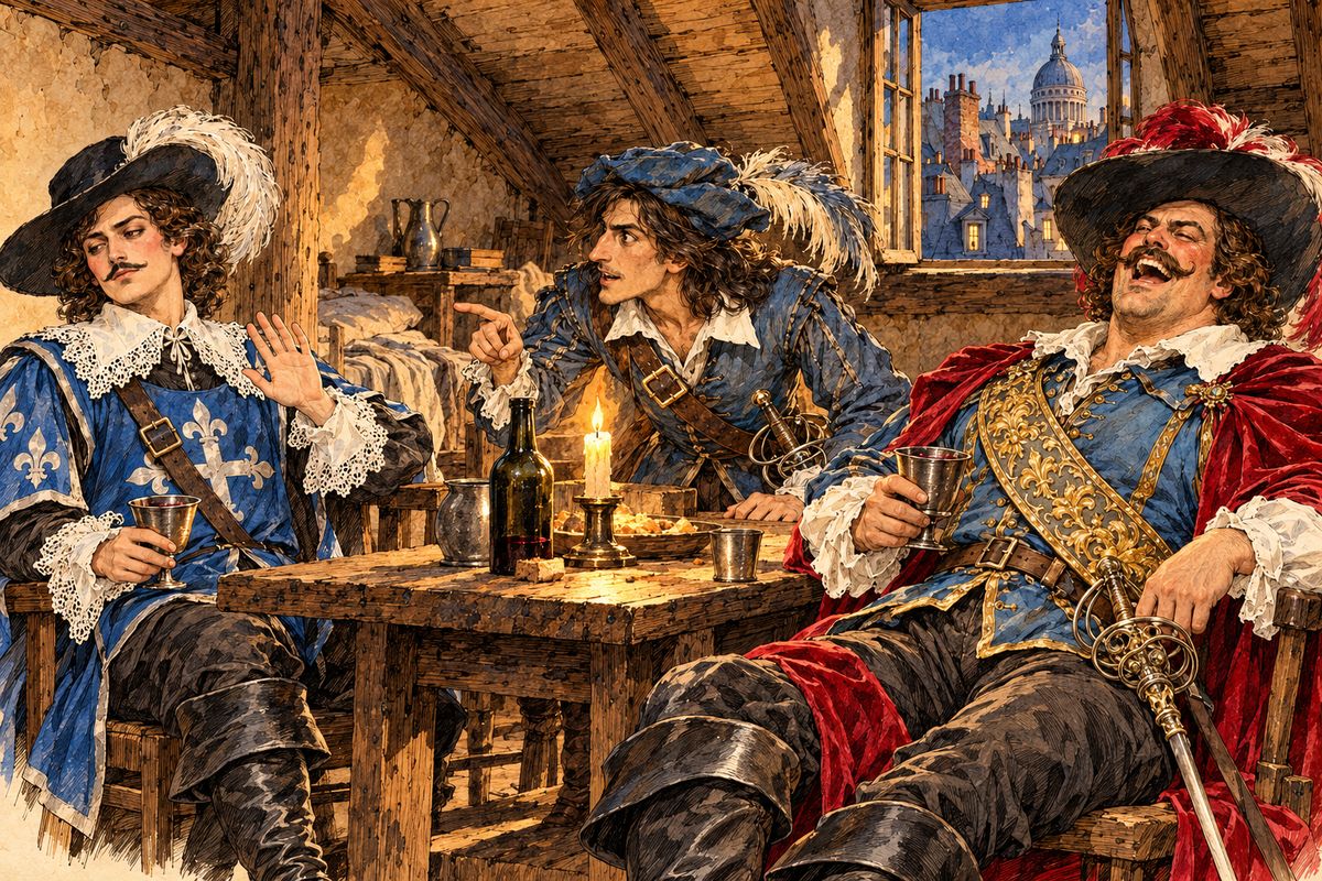 Over Bonacieux's good Beaugency wine, d'Artagnan told his friends that the queen's linen-maid had been kidnapped by the man of Meung. Then Aramis let slip that a dark stranger had stopped him the night before, outside a 'doctor of theology's' house, with the doctor's veiled niece on his arm. "He took you for Buckingham," cried d'Artagnan, "and her for the queen!"