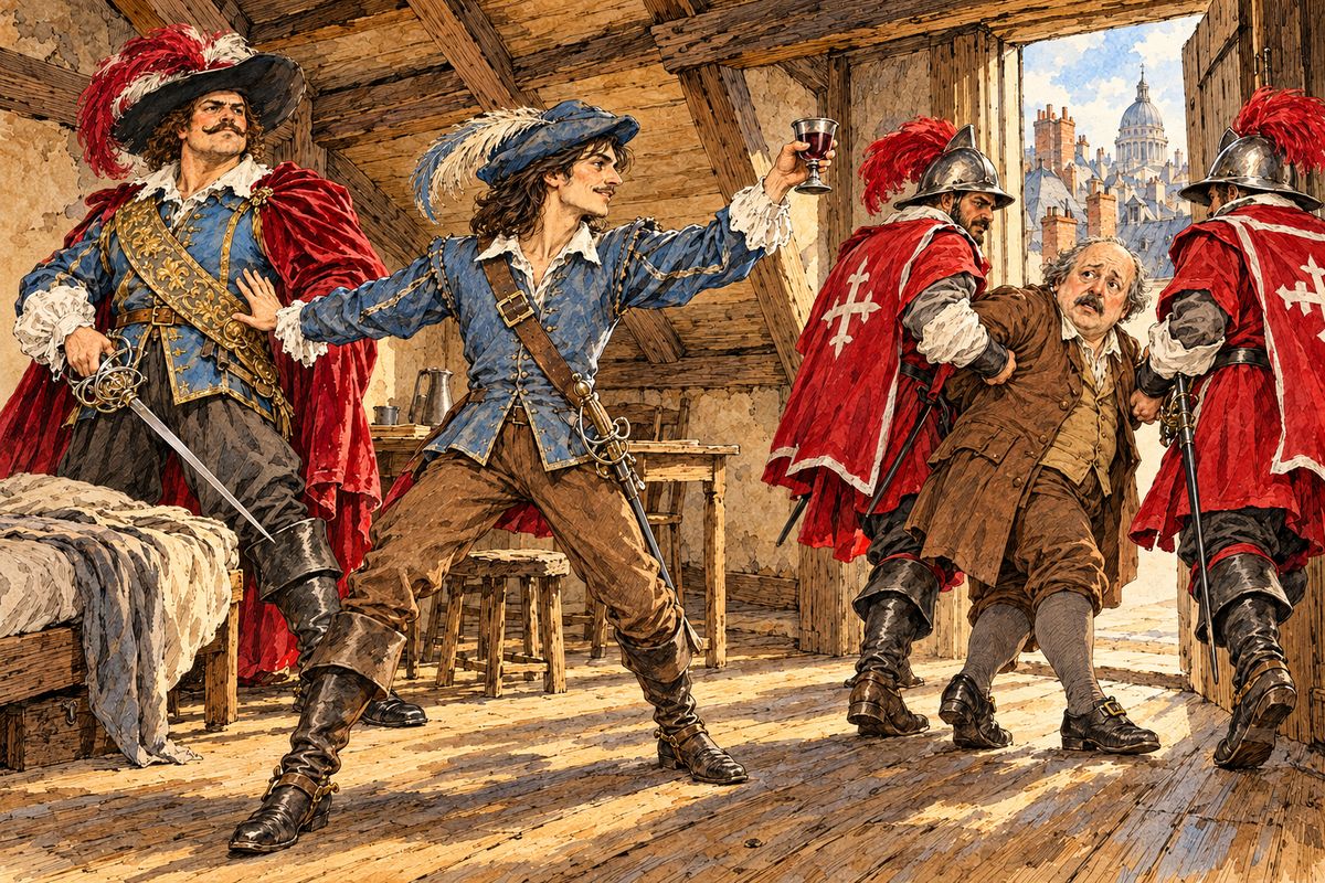 Just then the terrified mercer burst in with four of the Cardinal's Guards behind him. D'Artagnan waved his friends' half-drawn swords back into their scabbards, pushed Bonacieux into the Guards' hands, and drank to the health of the king and the Cardinal with their leader. Porthos grumbled that it was a disgrace, but they could only save Bonacieux by staying free themselves.