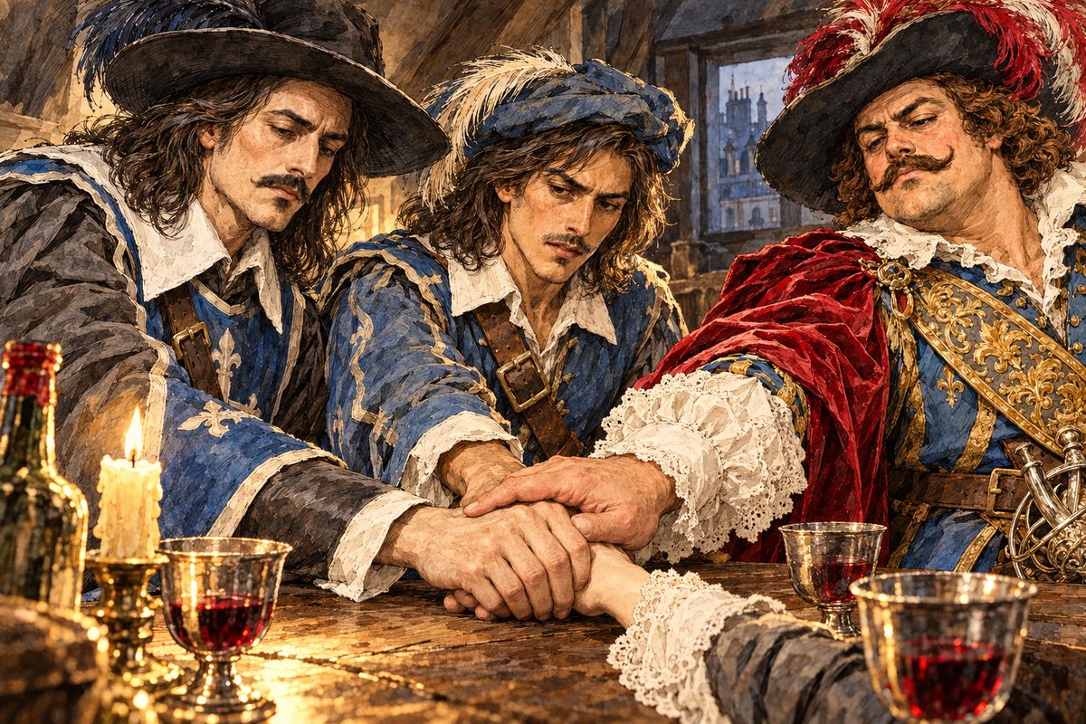 Athos and Aramis praised the Gascon's quick thinking. "All for one, one for all," said d'Artagnan, "that is our motto, is it not?" Porthos was still grumbling as he held out his hand, and the four friends swore the oath together. From that moment, d'Artagnan warned, they were at war with the Cardinal.