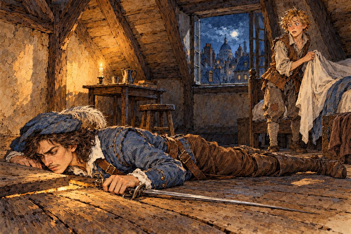 The Cardinal's men turned Bonacieux's rooms into a mousetrap, seizing anyone who knocked. D'Artagnan lifted a plank from his floor and listened. The next night he heard a struggle and a woman's voice: "I am Madame Bonacieux; I belong to the queen!" When they began to bind her, he sent Planchet running for his friends.