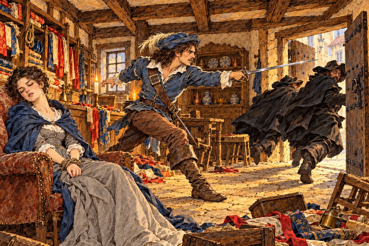 D'Artagnan let himself down from the window, knocked at the door below, and burst in sword in hand. Only one of the four men in black was armed. The others threw chairs and crockery, but a few flicks of the Gascon's blade sent them fleeing like frightened crows, leaving scraps of their cloaks behind.