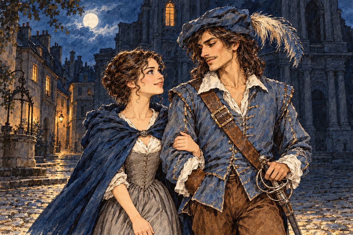 When she came to, Constance smiled at him, and d'Artagnan fell in love. He led her through the dark streets to Athos's empty rooms in the Rue Férou and carried her message to the Louvre. Then, waiting alone in Tréville's study, he set the captain's clock back three-quarters of an hour to give himself an alibi.