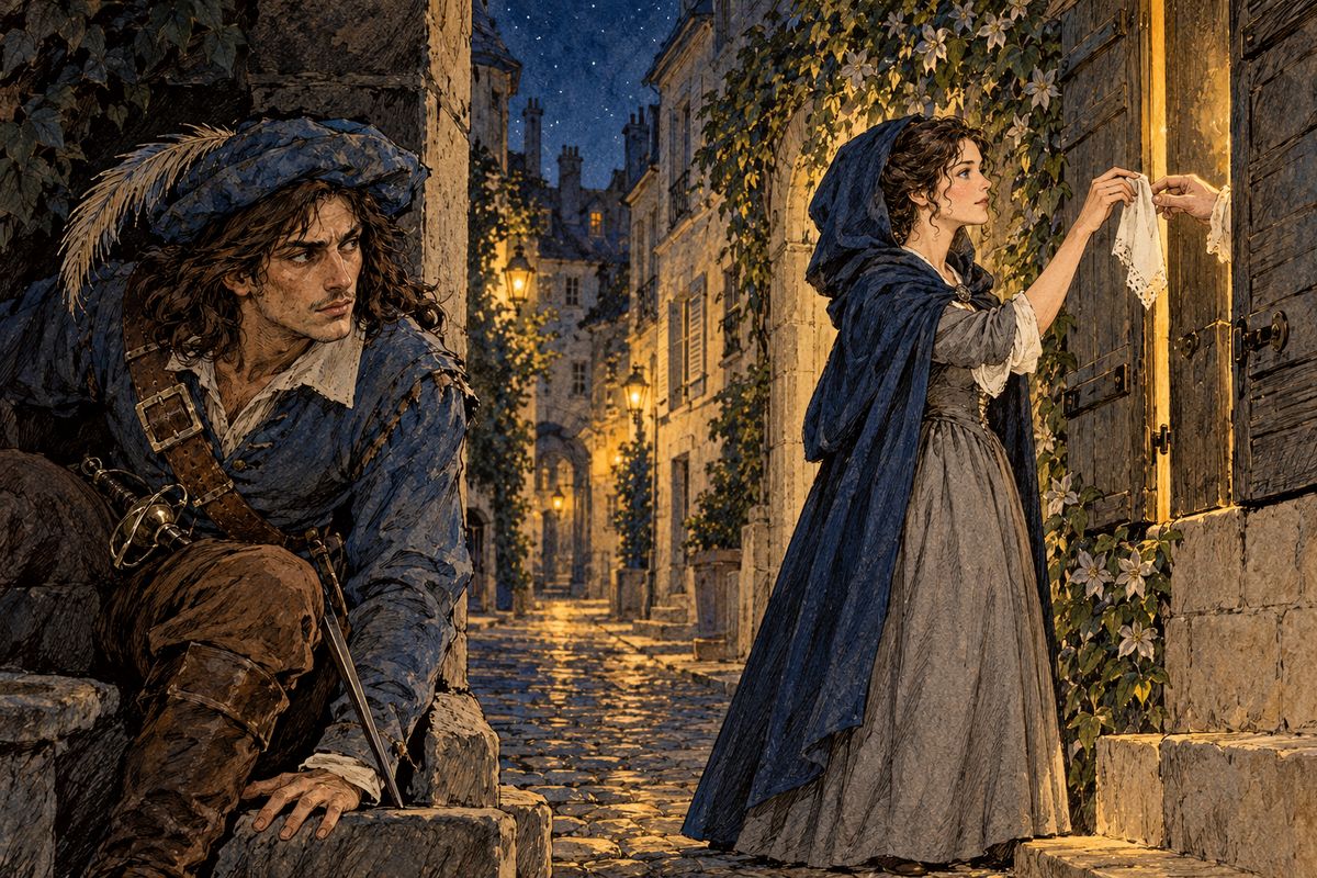 Walking home near midnight, d'Artagnan saw a cloaked woman tap three times on Aramis's shutter. Someone inside answered the signal. She held up an embroidered handkerchief, and a woman inside gave her another in exchange. As the visitor hurried past, d'Artagnan recognised her: Constance Bonacieux.