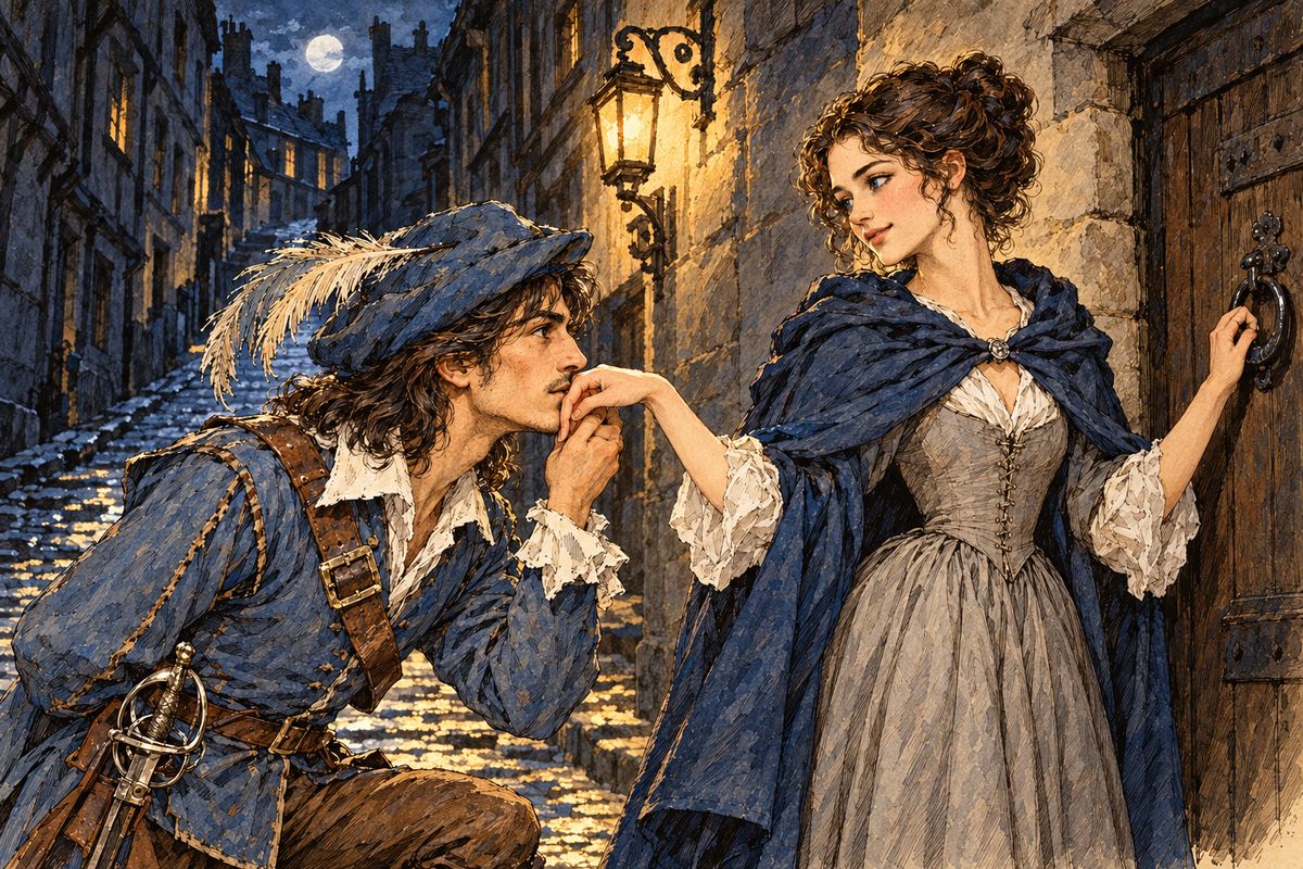 He caught up with her, and she swore she had never heard of Aramis. She let him walk her to a little door in the Rue de la Harpe only after he gave his word as a gentleman not to wait or watch. "Ask my own secrets," she said, "but not those of others."
