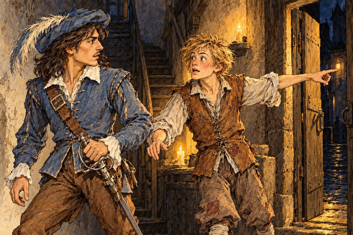 At home, Planchet met him with bad news. Guards had found Athos in d'Artagnan's room and taken him for his friend, and Athos kept silent on purpose to buy him time. Leaving Planchet to warn the others, d'Artagnan ran to find Tréville at the Louvre.