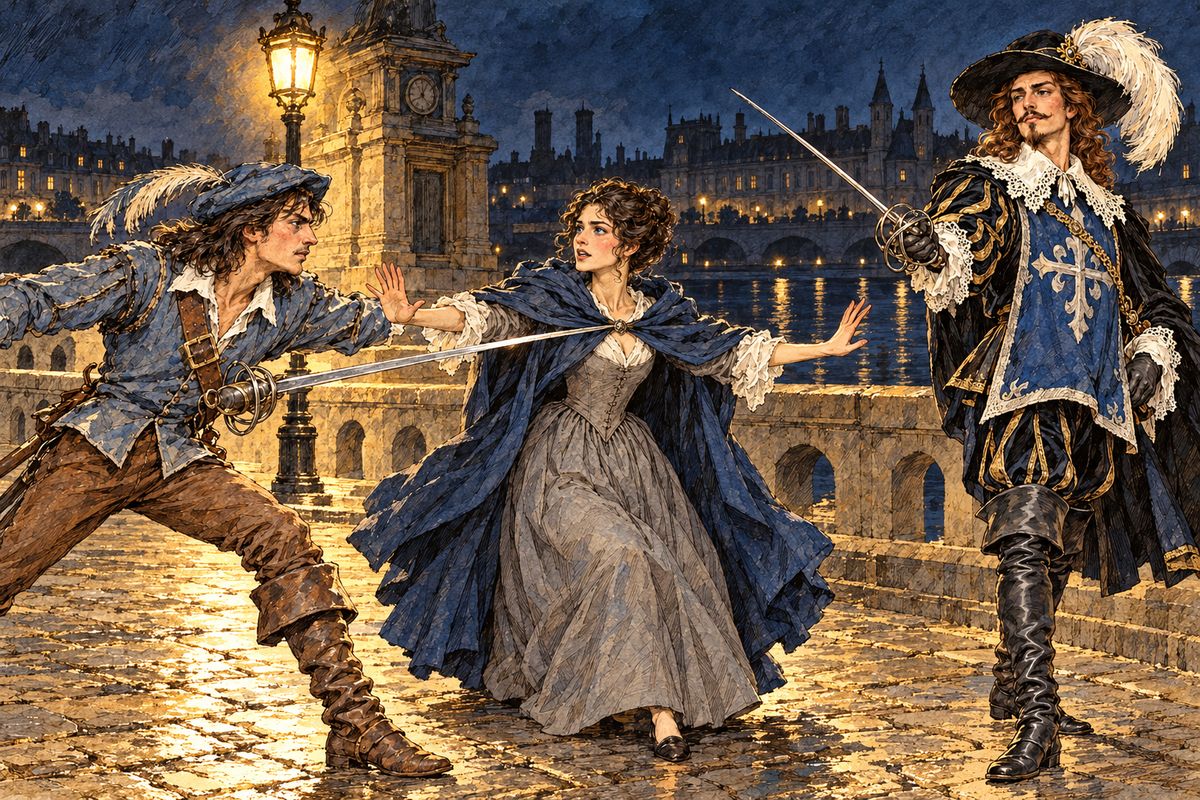 On the Pont Neuf he saw Constance on the arm of a Musketeer he took for Aramis. Jealous, he blocked their way, and both men drew. Constance threw herself between the blades: "In the name of heaven, my Lord!" The Musketeer was the Duke of Buckingham in disguise, and d'Artagnan guarded them to the Louvre.