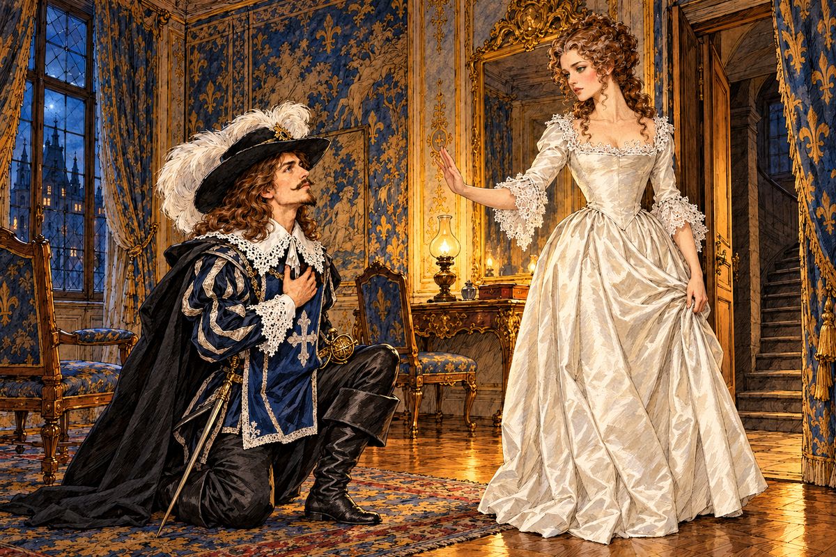 Through servants' doors and secret staircases, Constance led the duke deep into the Louvre and locked him in a lamplit room. A door hidden in the tapestry opened, and Anne of Austria stepped through in white satin. Buckingham fell to his knees. When she spoke of dreaming him wounded, he finished it for her: in the left side, with a knife.