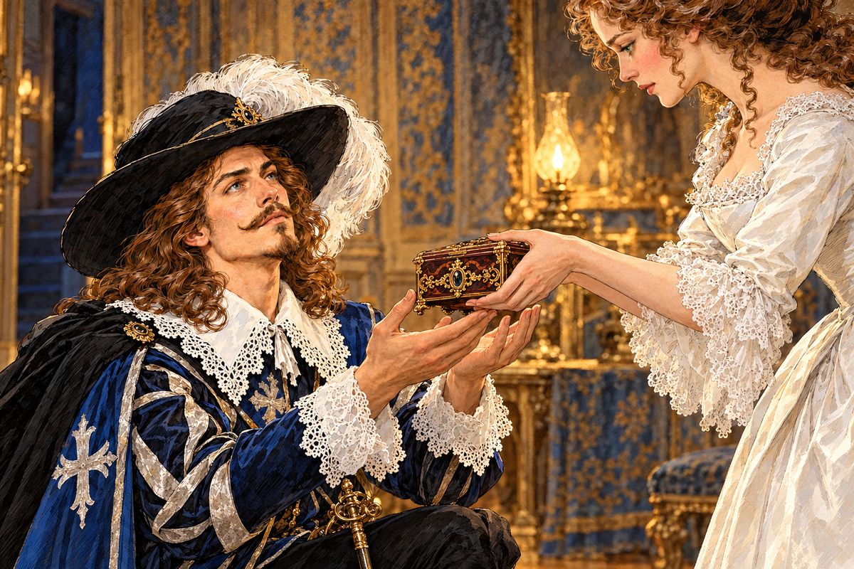 She begged him to leave France. He boasted that his coming war at La Rochelle would bring him back as peacemaker, but first he asked for a keepsake. The queen gave him a rosewood casket holding twelve diamond studs. "Within six months, if I am not dead, I shall have seen you again."
