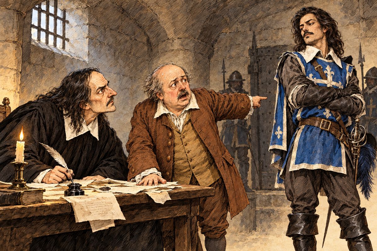 Dragged to the Bastille, Bonacieux babbled before a fox-faced commissary, swearing loyalty to the great cardinal. Next morning they brought in the 'd'Artagnan' who had been arrested in his rooms. It was Athos, calm and amused. "Look at his uniform, Monsieur Commissary!" wailed the mercer, while Athos shrugged and called him very tiresome.