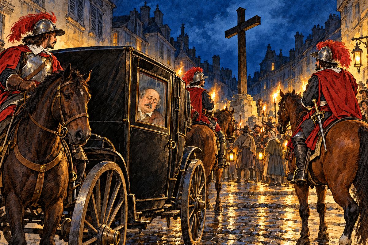 At nine that night guards pushed Bonacieux into a locked carriage. Through its windows he watched the death-places of Paris roll past: St. Paul, the cemetery of St. Jean, the Place de Grève. When the carriage stopped among a crowd at the Traitor's Cross, he gave a feeble groan and fainted. The crowd had come to stare at a man already hanged.