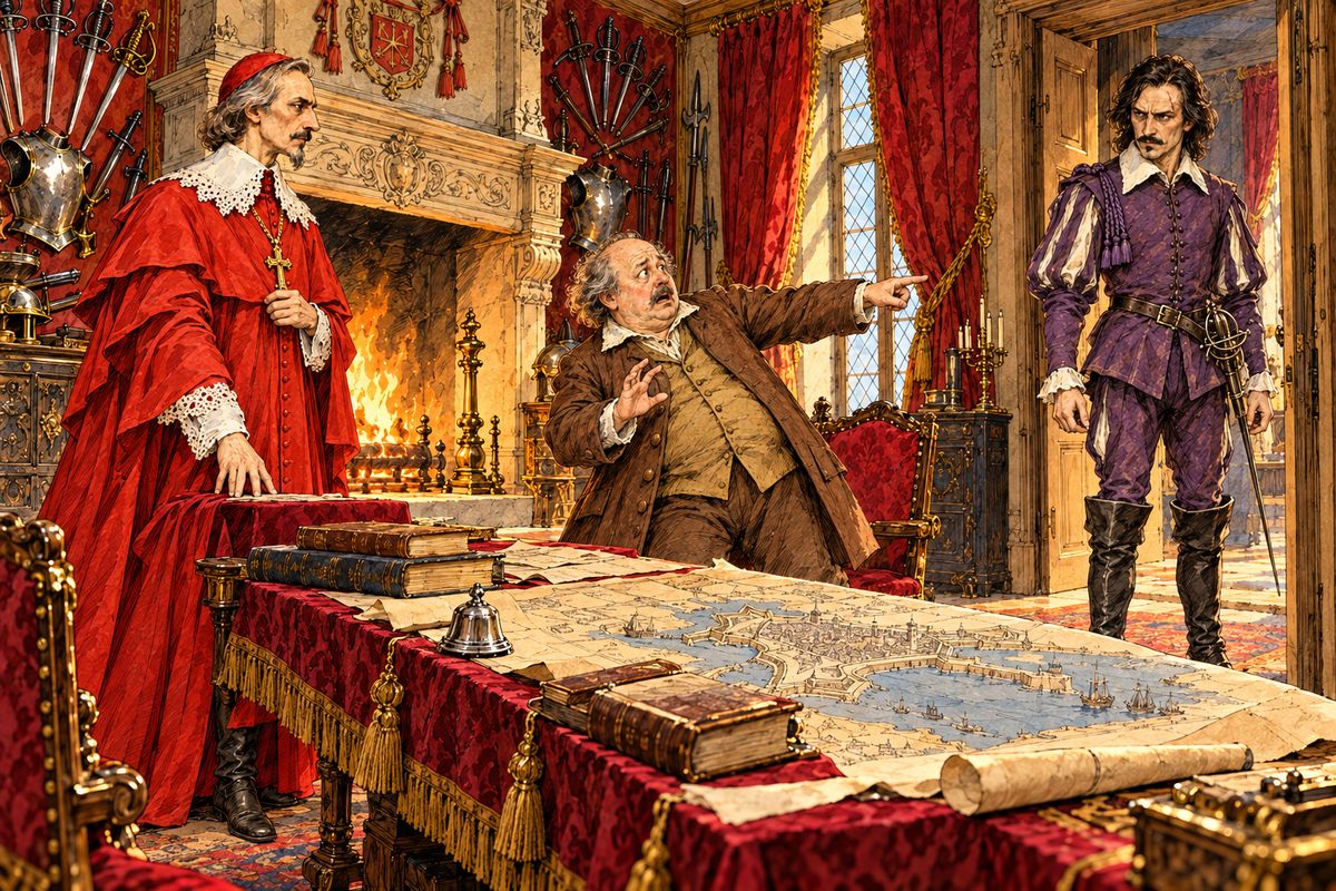 He woke in a stifling room full of weapons. A grey-bearded man with dusty boots stood by the fire, near a great map of La Rochelle. It was Cardinal Richelieu. The cardinal questioned him gently, but when a visitor came in, Bonacieux shrieked. "It is he! The man who abducted my wife!" It was Rochefort, the man of Meung.