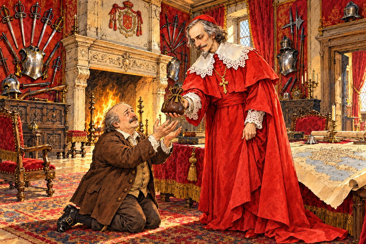 Alone with the cardinal, Rochefort reported that the queen had given her diamond studs to Buckingham. Bonacieux had named his wife's two 'linen drapers', No. 25 Rue de Vaugirard and No. 75 Rue de la Harpe, so ten Guards raided both houses, but the duchess and the duke had already fled. Richelieu called the mercer back. "Rise, my friend," he said, and gave him a purse of a hundred pistoles.