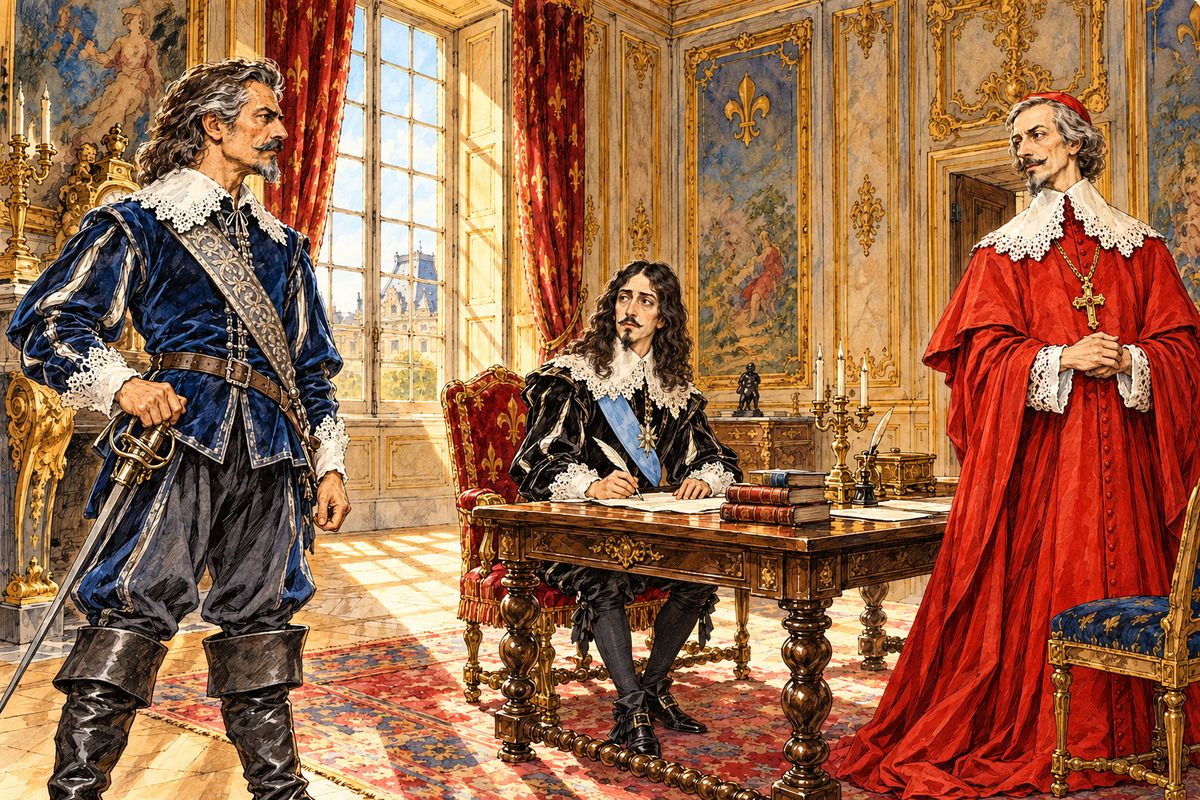 When Athos vanished into Fort l'Évêque, Tréville stormed into the Louvre, where Richelieu was setting the king against the Musketeers. He traded blow for blow with the Cardinal and offered his own sword until Louis signed Athos's release. The moment Tréville left, Richelieu leaned close: "Sire, Buckingham has been in Paris five days."