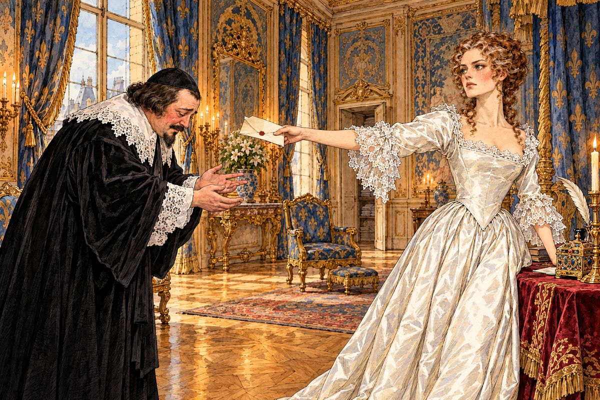 In a jealous fury the king sent the chancellor Séguier to search the queen's rooms. He found nothing in her desks, then reached toward her bodice. White as death, Anne of Austria drew out the letter herself. It was addressed to her brother, the King of Spain, and was all politics against the Cardinal, with no word of love in it.