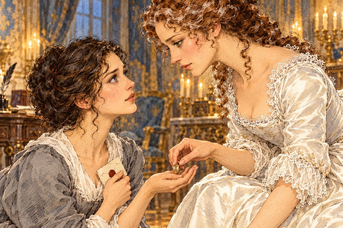 Alone, the queen sank to her knees and sobbed, for she had given the studs to Buckingham. Constance Bonacieux, trapped in the linen closet, had heard everything. "Upon my soul, I am ready to die for your Majesty!" She left with a sealed letter for the Duke and a Spanish ring to pay for the journey.