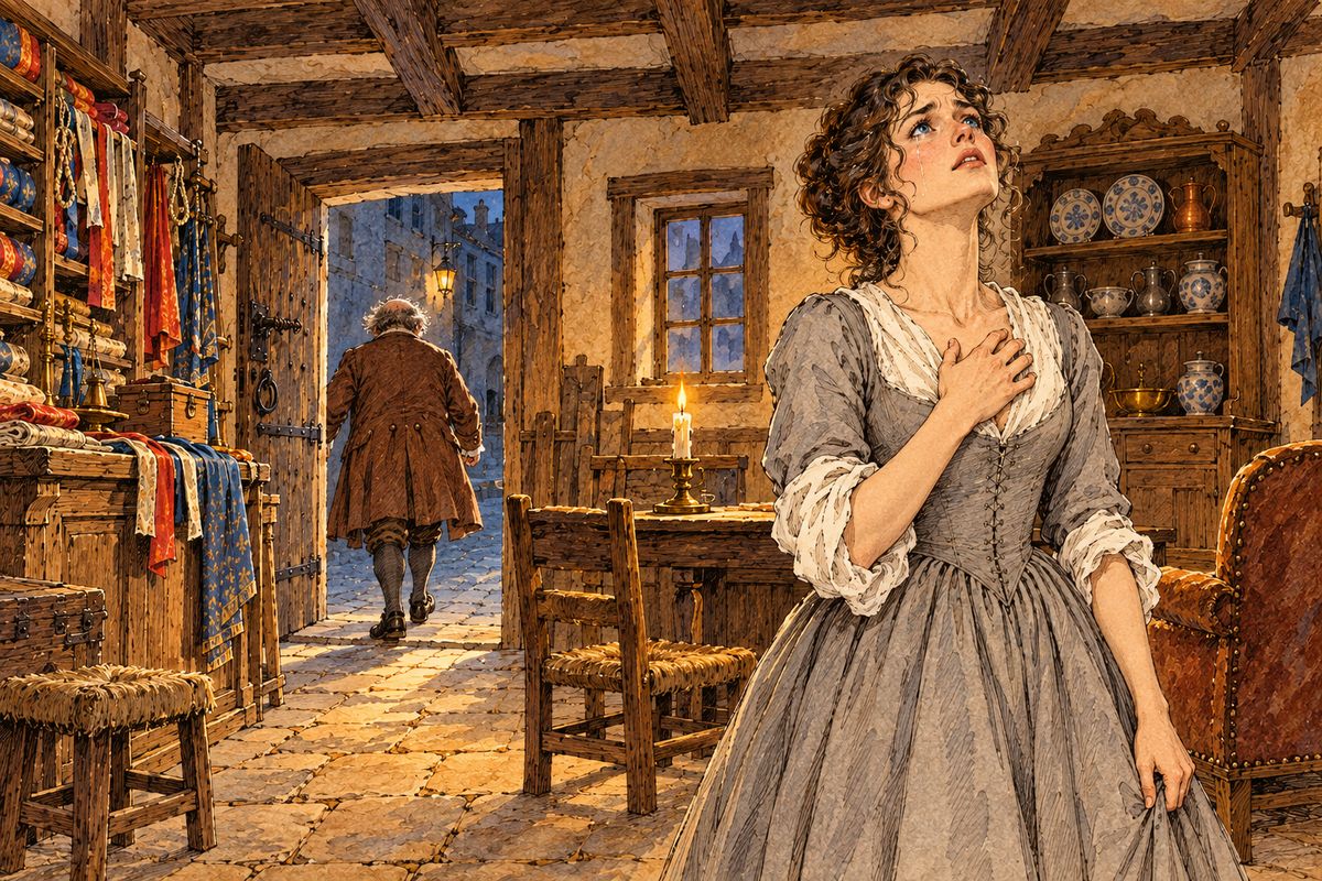 At home, Constance begged her husband to carry the letter to London, but Bonacieux now boasted that he was the Cardinal's friend and refused. Then he hurried off to tell Rochefort. As she cursed him in the empty room, a rap came on the ceiling: "Dear Madame Bonacieux, open the little door on the alley, and I will come down to you."