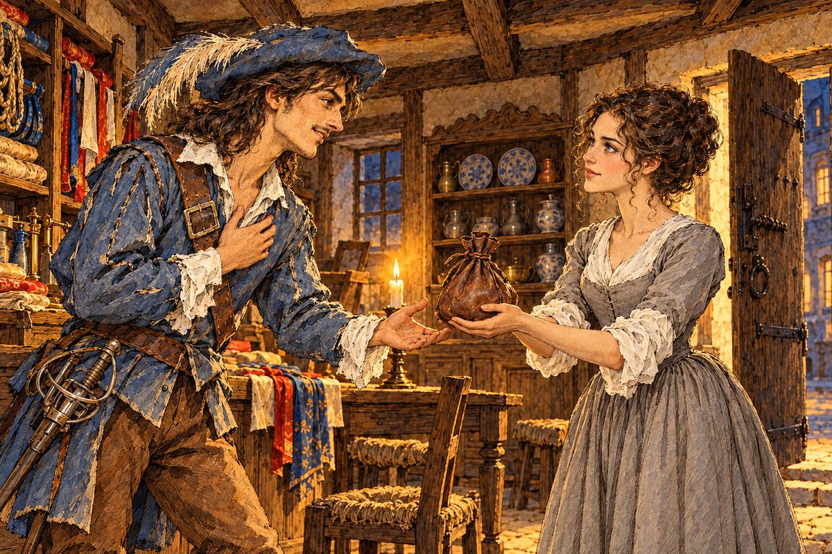 D'Artagnan had overheard the mercer through the floor. Now he declared his love and offered to carry the queen's message to London himself. Constance hesitated, since he was almost a boy, then trusted him and pressed on him the very bag of gold her husband had taken from the cardinal. "It will be doubly amusing," he laughed, "to save the queen with the cardinal's money!"