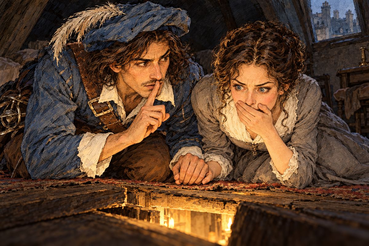 When Bonacieux came home with the man of Meung, the lovers slipped upstairs and knelt over the loose boards of D'Artagnan's floor. Below them the mercer promised to coax the letter from his wife and run with it to the cardinal. Then he found his gold gone and ran howling "Thieves!" into the street, and D'Artagnan slipped away into the night.