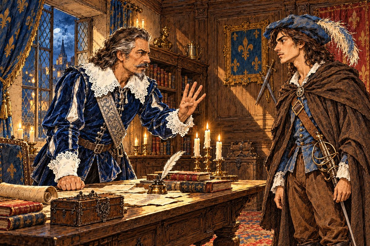 D'Artagnan hurried to Tréville, who would not hear the queen's secret but asked who might stop him. Alone, the captain warned, he would be murdered before Bondy: "In order that one may arrive, four must set out." So Tréville arranged fifteen days' leave for him, and a cure at the waters of Forges for Athos, with Porthos and Aramis to go with him.