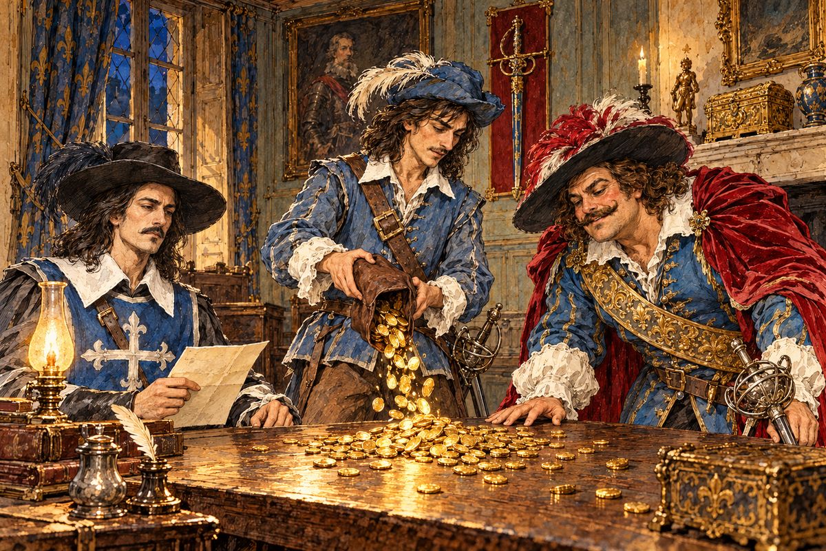 At Athos's lodging the friends puzzled over leave they had never asked for. Still, they agreed to follow D'Artagnan to London without asking why, and Aramis brightened to hear that his lady was safe in Tours. D'Artagnan poured out three hundred pistoles, seventy-five each, and they made a pact: if the bearer fell, the next man would carry the letter on.