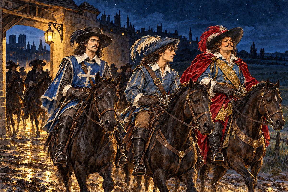 At two o'clock in the morning the four friends and their armed lackeys rode out of Paris by the Barrière St. Denis. In the dark they rode in silence, fearing ambush on every side; only with the first rays of day did their tongues loosen and their spirits rise.