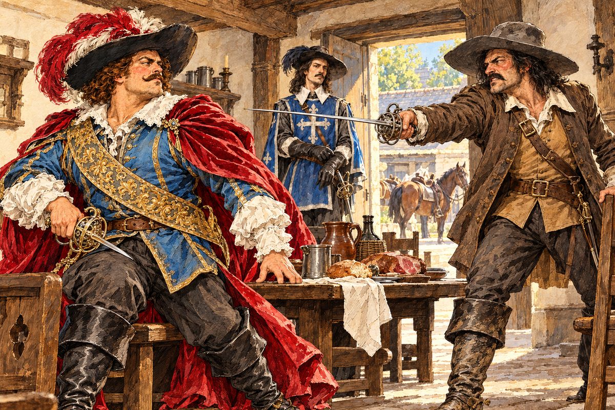 At breakfast in Chantilly a friendly stranger proposed a toast to the cardinal. Porthos would drink only to the king, called the man drunk, and swords were out. "Kill the fellow, and rejoin us as soon as you can," said Athos, and the others rode on. Porthos never caught up.