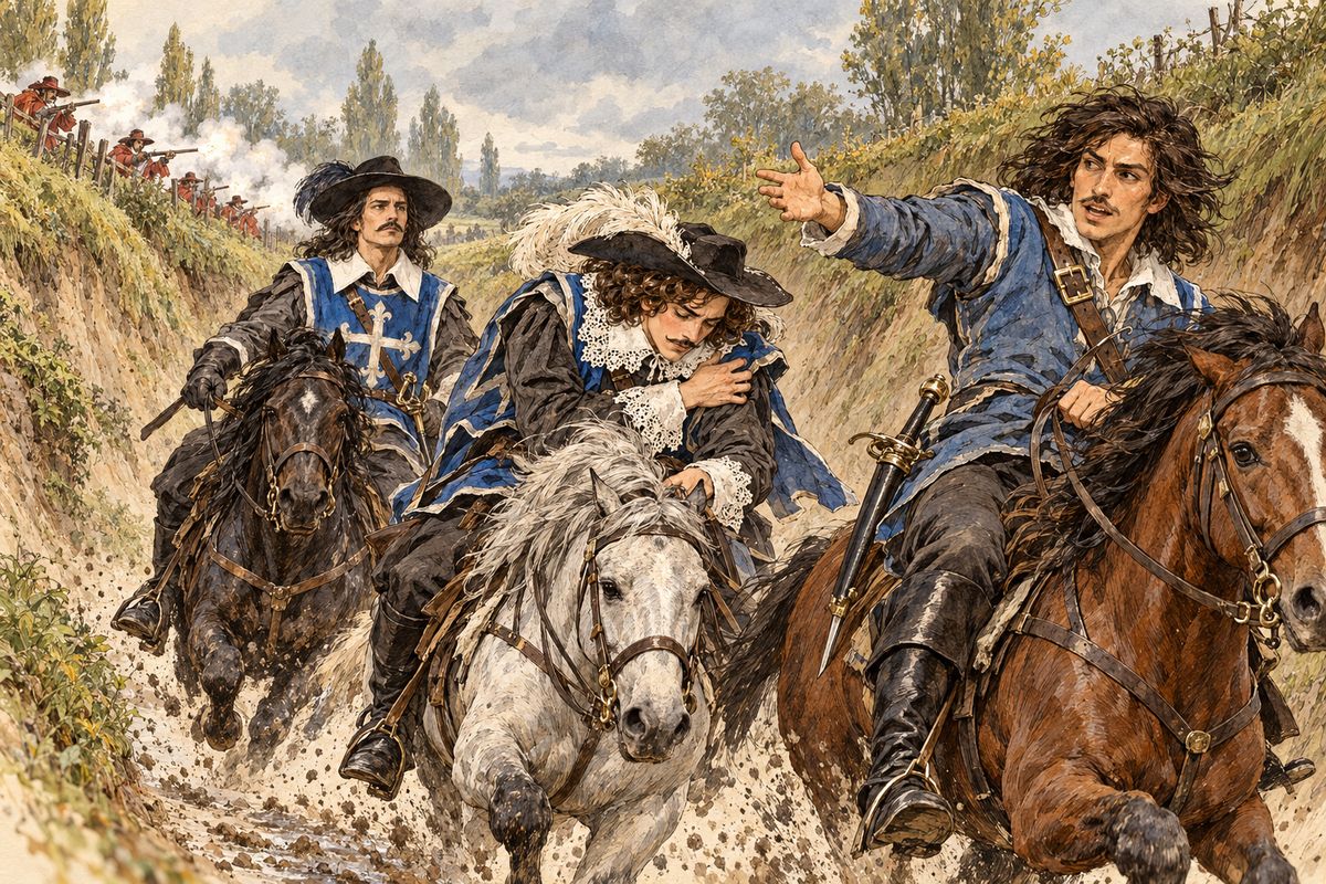 Beyond Beauvais, a gang of road-menders filling ruts jeered at the travellers, then pulled hidden muskets from the ditch. A ball went through Aramis's shoulder. "It was an ambuscade! Forward!" shouted d'Artagnan. Aramis clung to his horse's mane as far as Crèvecœur, where he was left at an inn with Bazin.