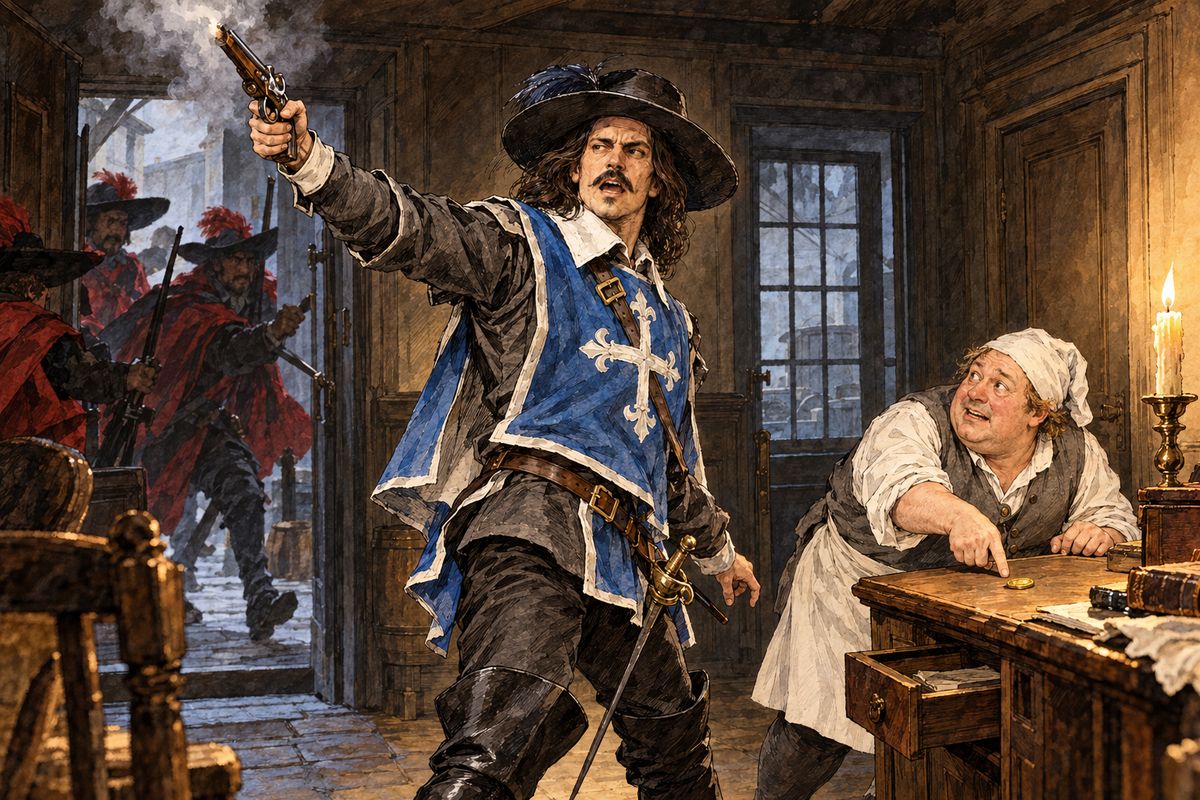 At midnight Athos and d'Artagnan reached Amiens and the Golden Lily, whose host was far too gracious. At dawn, when Athos went to pay, the host cried that the coins were false and four armed men burst in. "Go on, d'Artagnan! Spur, spur!" shouted Athos, firing both his pistols.