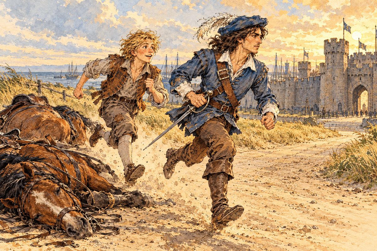 D'Artagnan and Planchet seized two horses at the door and fled north, past St. Omer without drawing rein. A hundred paces from Calais both horses fell spent and would not rise. The two ran for the quay, only to learn that the cardinal had closed the port to anyone without his written pass.