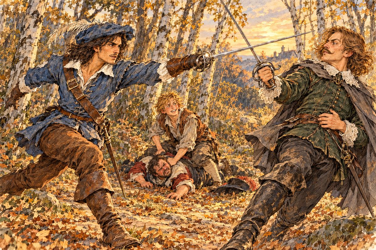 One traveller held such a pass. D'Artagnan followed him into a little wood and demanded the order. The Comte de Wardes drew, while Planchet pinned his lackey Lubin. "One for Athos, one for Porthos, and one for Aramis!" cried d'Artagnan, thrusting. Wounded himself, he left de Wardes unconscious and took the pass.