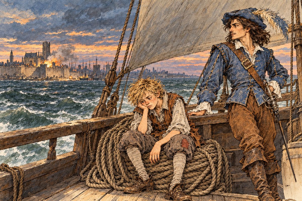 Calling himself the Comte de Wardes, d'Artagnan had the governor countersign the pass, and even described the real de Wardes as the wanted Gascon. He sailed with Planchet at once. Half a league out, a cannon flashed from the harbour: the port was closed. They landed at Dover next morning and rode post to London.