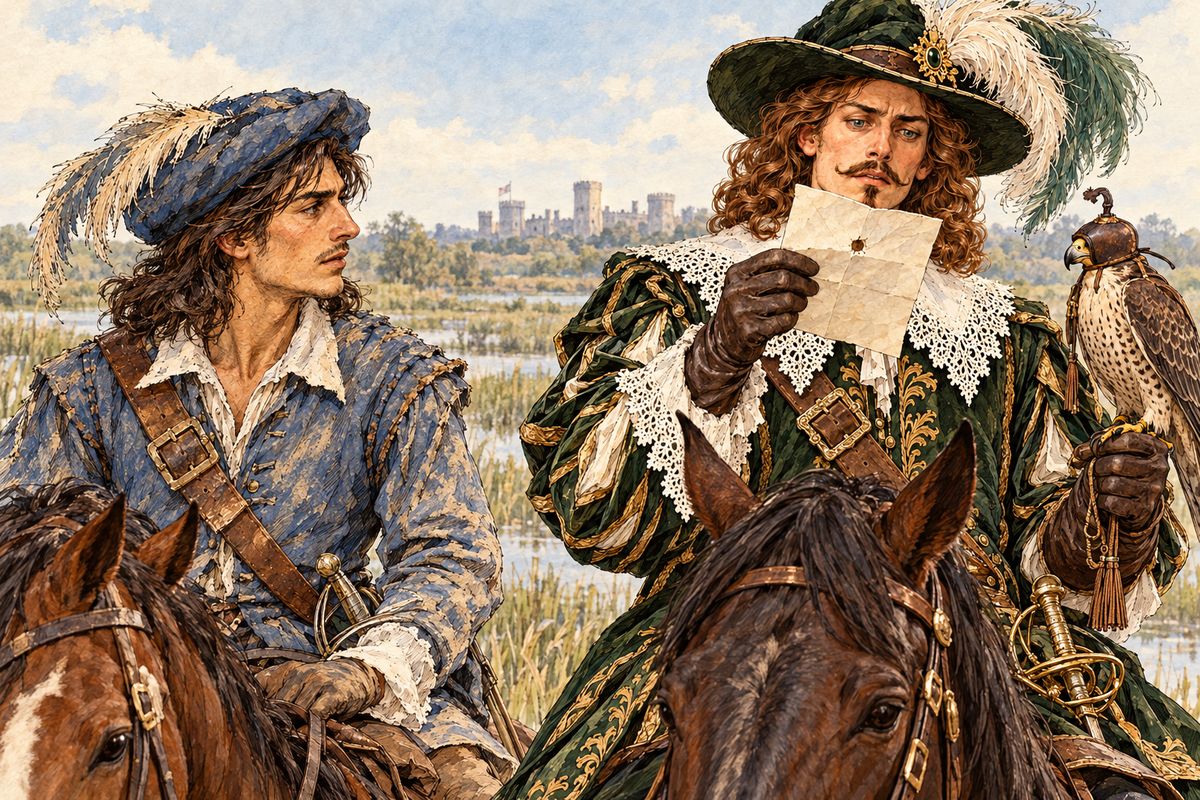 Buckingham was hawking with the king in the marshes near Windsor. Hearing that the young man from the Pont Neuf had come, he galloped up crying, "No misfortune has happened to the queen?" He turned deathly pale at the letter, pierced by de Wardes's sword, then left everything and rode for London.
